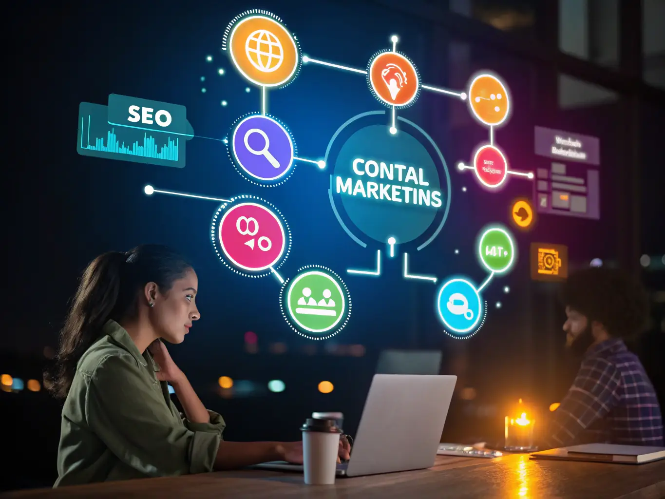 A graphic depicting various digital marketing channels such as social media, SEO, and email marketing, illustrating a cohesive strategy for online growth.